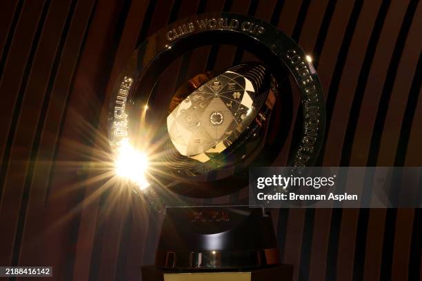 Detailed view of The FIFA Club World Cup Trophy during the reception after the 2025 FIFA Club World Cup Draw at Telemundo Studios on December 05,...