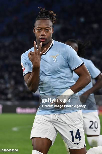 Tijjani Noslin of Lazio celebrates his goal during the Coppa Italia match between SS Lazio and Napoli at Stadio Olimpico on December 05, 2024 in...