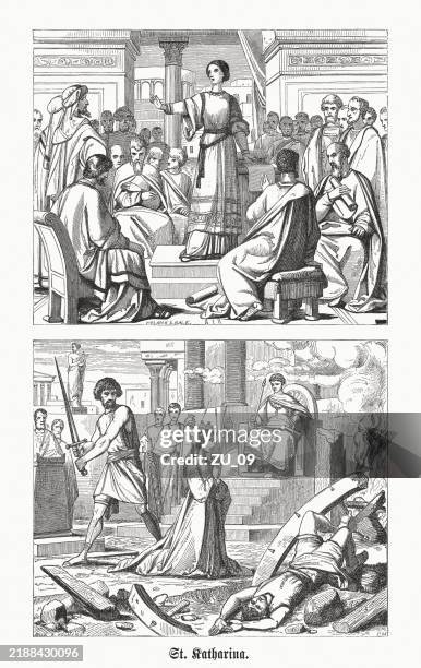 catherine of alexandria (c.287-c.305), christian martyr, wood engravings, published 1883 - st catherine of alexandria stock illustrations