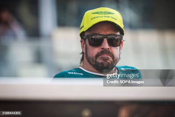 Aston Martin Aramco F1 Team's Spanish driver Fernando Alonso is seen during the drivers parade ahead of the Abu Dhabi F1 Grand Prix race at the Yas...