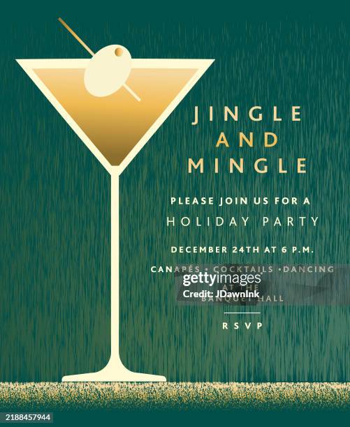 ilustraciones, imágenes clip art, dibujos animados e iconos de stock de jingle and mingle plantilla de diseño de invitación a cóctel festivo festivo - vaso de martini