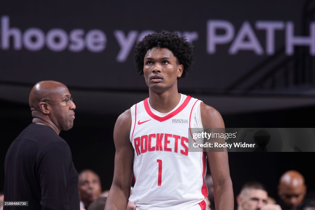 Houston Rockets Thompson Amen Thompson of the Houston Rockets looks on during the game against ...