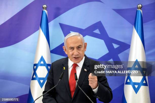 Israeli Prime Minister Benjamin Netanyahu speaks during a press conference in Jerusalem on December 9, 2024. Netanyahu said on December 9 that the...