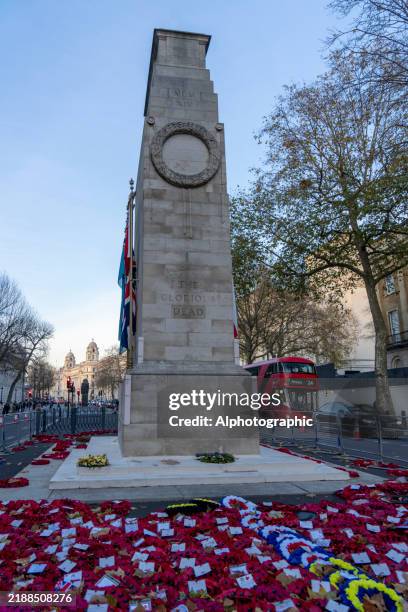 the cenotaph on whitehall surrounded by remembrance day wreathes. - oorlogsmonument stockfoto's en -beelden