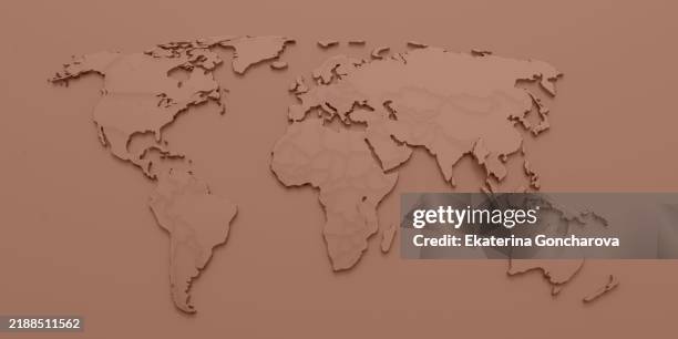 3d rendered world map showing all continents in brown - noord zuid amerika stockfoto's en -beelden