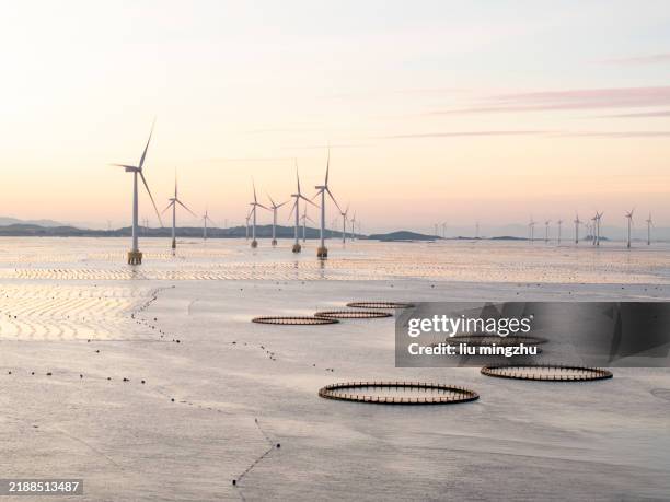offshore wind power generation in the morning - floating on water stock pictures, royalty-free photos & images