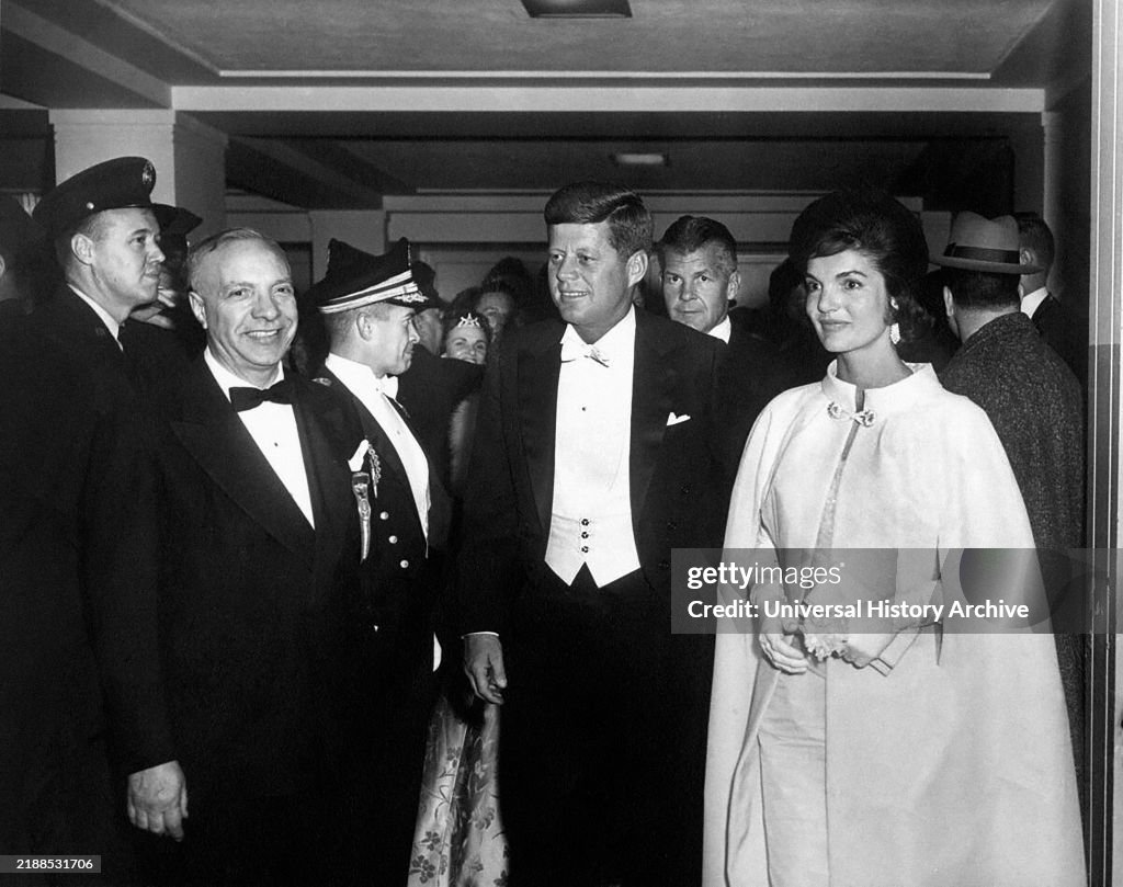 U.S. President John Kennedy and First Lady Jacqueline Kennedy arriving at Inaugural Ball, National Guard Armory, Washington, D.C., USA, Abbie Rowe, White House Photographs, January 20, 1961