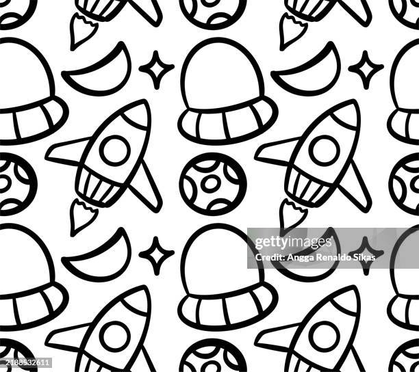 ufo, rocket, planets, moon and stars black and white doodle drawing seamless pattern - doodles rocket vector stock illustrations