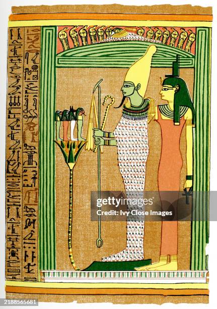 The caption on this 1903 image reads: “Osiris and Isis and Four Children of Horus.” It appeared in the book History of Egypt by French Egyptologist...