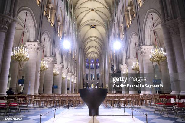 General view inside Notre-Dame of Paris Cathedral before its reopening on December 06, 2024 in Paris, France. After five years of restoration,...