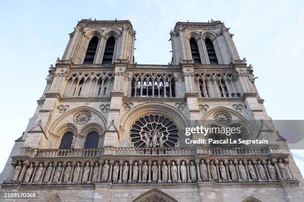 General view outside Notre-Dame of Paris Cathedral before its reopening on December 06, 2024 in Paris, France. After five years of restoration,...