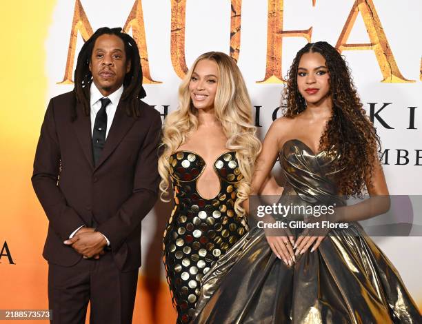 Jay-Z, Beyoncé, Blue Ivy Carter at the "Mufasa: The Lion King" premiere at Dolby Theatre on December 09, 2024 in Los Angeles, California.