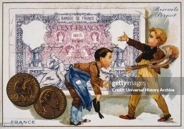 French postcard of 1900 depicting two traditionally dressed French boys against a 100 Cent banknote.