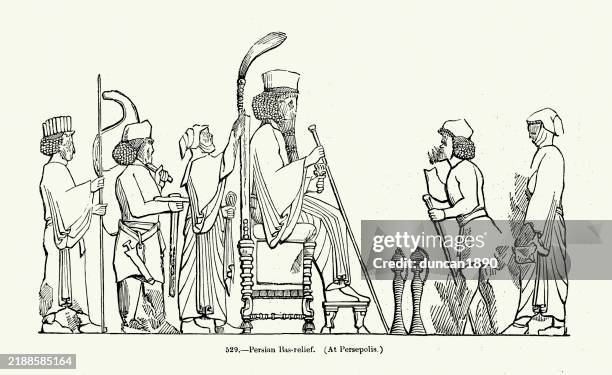 ancient persia, persian bas relief of man appealing to the emperor, persepolis, vintage illustration - iranian people stock illustrations