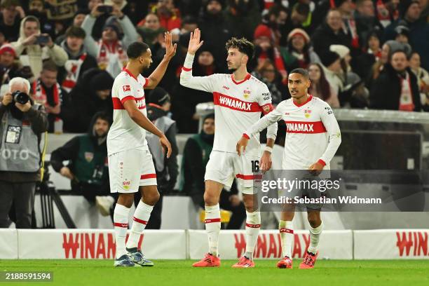 Atakan Karazor of VfB Stuttgart celebrates scoring his team's third goal with Josha Vagnoman during the Bundesliga match between VfB Stuttgart and 1....
