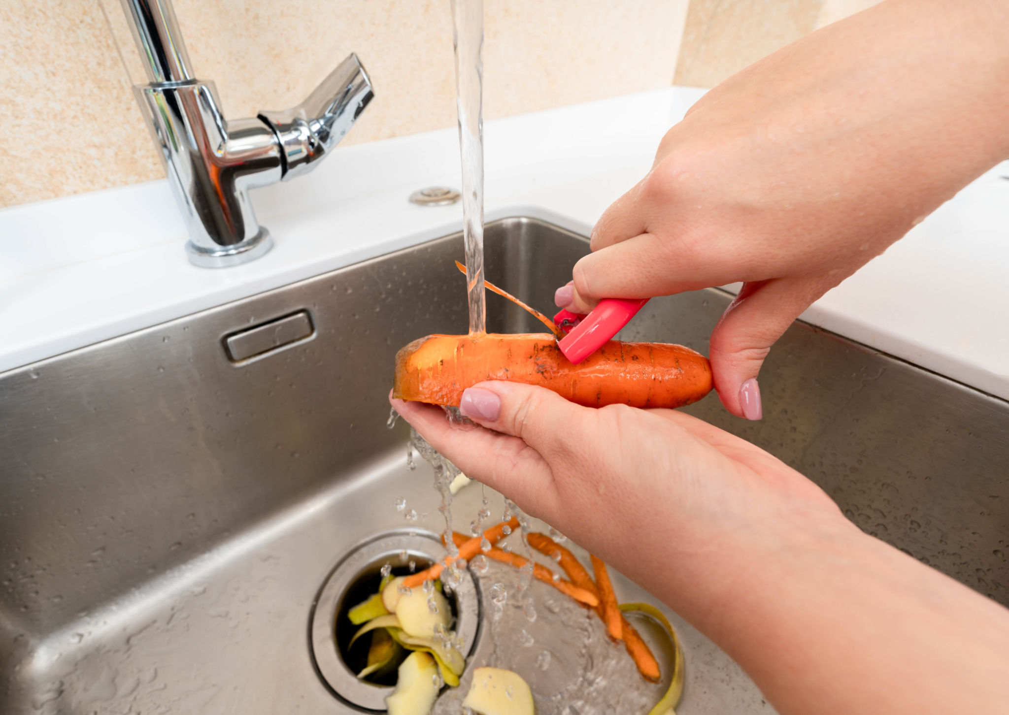 Peeling a fresh carrot under running water with waste collected in a garbage disposer. Peeling a fresh carrot under running water with waste collected in a garbage disposer.