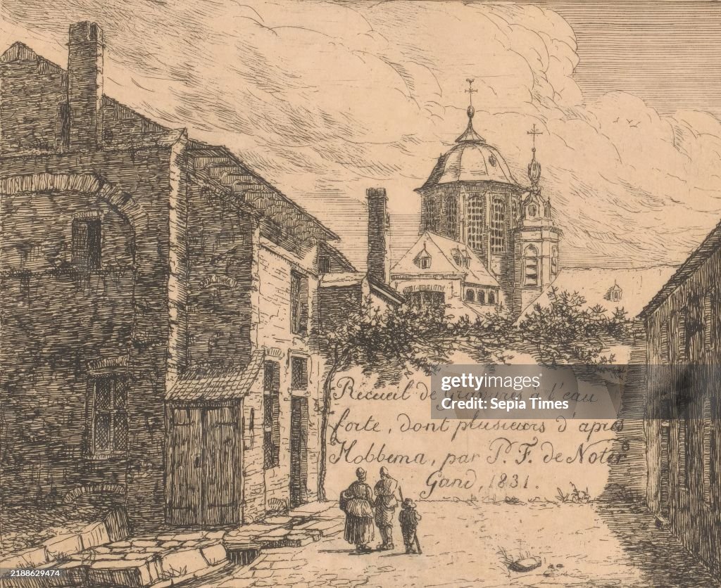 Three figures in a courtyard near a wall behind which is the Hanswijk Church