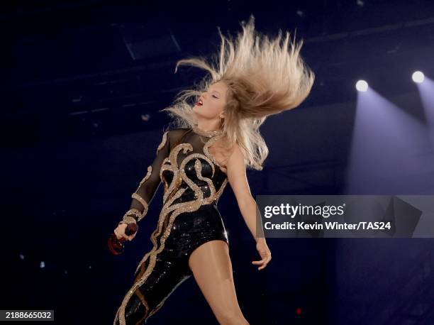 Taylor Swift performs onstage during "Taylor Swift | The Eras Tour" at BC Place on December 06, 2024 in Vancouver, British Columbia.