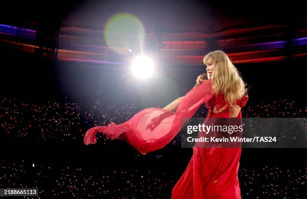 Taylor Swift performs onstage during "Taylor Swift | The Eras Tour" at BC Place on December 06, 2024 in Vancouver, British Columbia.