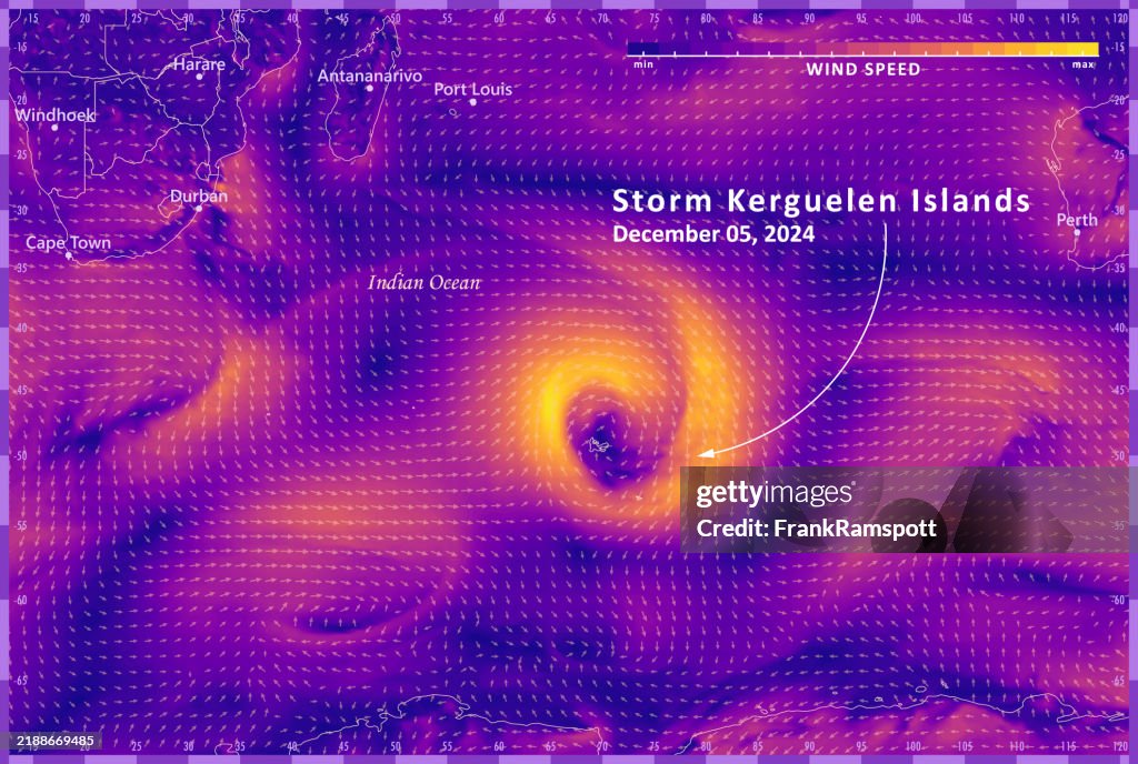 Tormenta Kerguelen Islas 20241205 Mapa del Tiempo para el Viento Océano Índico Infografía
