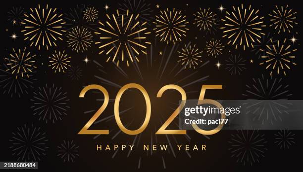 bildbanksillustrationer, clip art samt tecknat material och ikoner med new year 2025 with abstract fireworks and text happy new year on a dark background. - nyårsafton