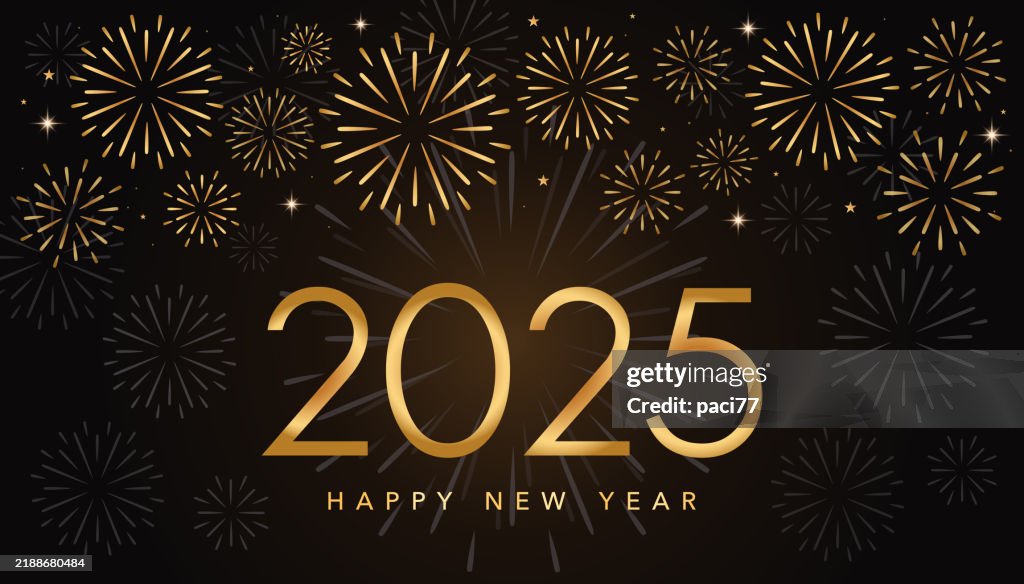 New Year 2025 with abstract Fireworks and text Happy New Year on a Dark Background.
