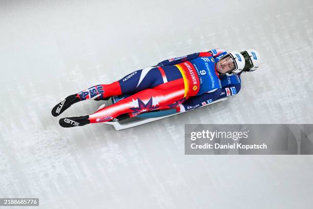 Dana William Kellogg and Frank Ike of the United States in action during the FIL Luge World Cup Men's Doubles first run at Olympia-Eiskanal Igls on...