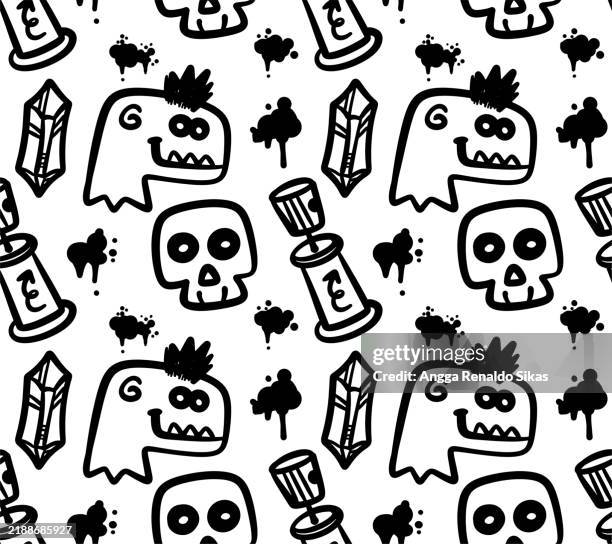 doodle dinosaur, skull head, spray paint can, crystal and splatters black and white doodle graffiti seamless pattern background - dinosaur background stock illustrations