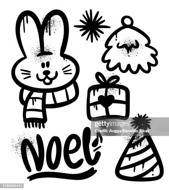 bunny rabbit and various christmas objects black and white hand drawn graffiti icon - rabbit hat stock illustrations