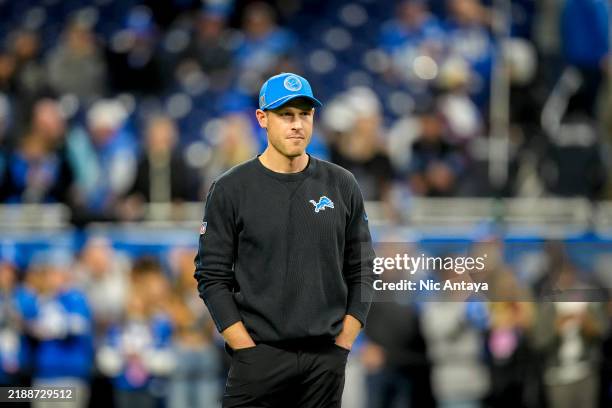 Offensive coordinator Ben Johnson of the Detroit Lions looks on before the game against the Green Bay Packers at Ford Field on December 05, 2024 in...