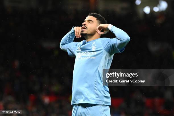 Morgan Gibbs-White of Nottingham Forest celebrates scoring his team's second goal during the Premier League match between Manchester United FC and...