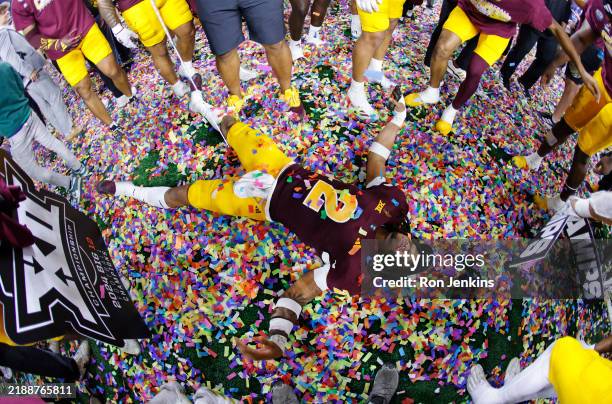 Xavion Alford of the Arizona State Sun Devils celebrates after his team defeated the Iowa State Cyclones in the Big 12 Championship game at AT&T...
