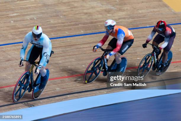 Harrie Lavreysen of the Netherlands, Jeffrey Hoogland of the Netherlands and Nicholas Paul of Trinidad and Tobago in the Mens Sprint Semi Final...