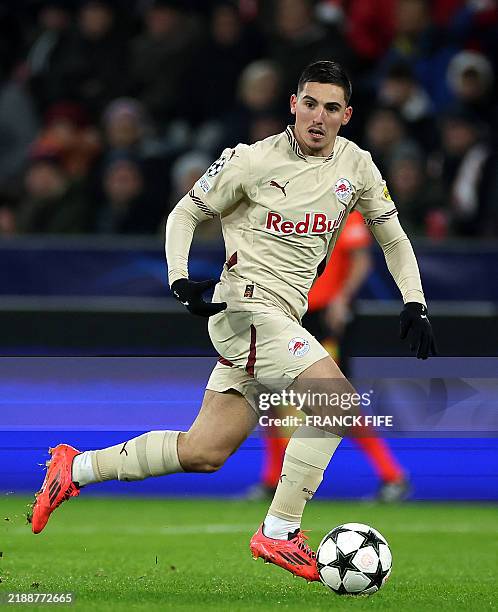 Salzburg's Israeli midfielder Oscar Gloukh controls the ball during the UEFA Champions League football match between FC RB Salzburg and Paris...