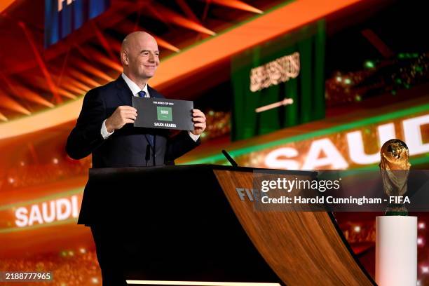 President Gianni Infantino announces Saudi Arabia as the host of the FIFA World Cup 2034 during the Extraordinary FIFA Congress 2024 at the Home of...