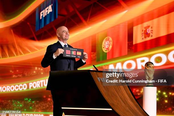 President Gianni Infantino announces Morocco, Portugal and Spain as the hosts of the FIFA World Cup 2030 during the Extraordinary FIFA Congress 2024...
