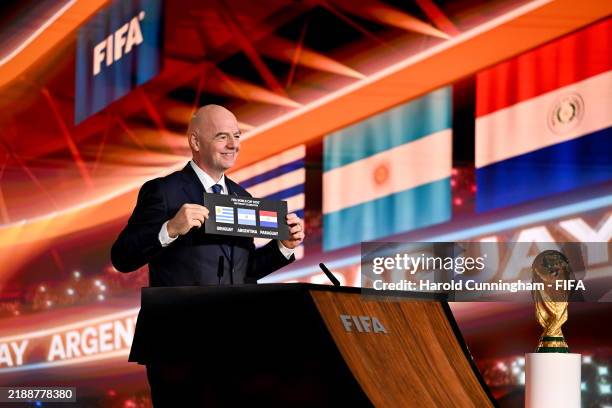 President Gianni Infantino announces Uruguay, Argentina and Paraguay as the hosts of the FIFA World Cup 2030 Centenary Celebration during the...