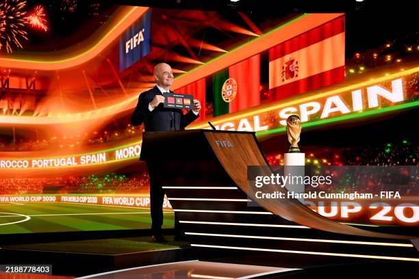 President Gianni Infantino announces Morocco, Portugal and Spain as the hosts of the FIFA World Cup 2030 during the Extraordinary FIFA Congress 2024...