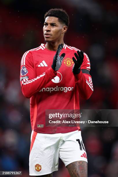 Marcus Rashford of Manchester United applauds their support after the Premier League match between Manchester United FC and Nottingham Forest FC at...