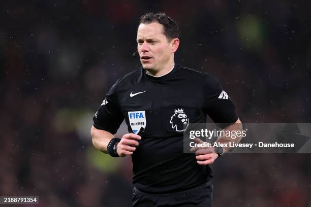 Referee Darren England during the Premier League match between Manchester United FC and Nottingham Forest FC at Old Trafford on December 07, 2024 in...