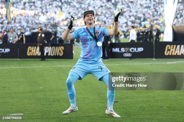 John McCarthy of Los Angeles Galaxy celebrates after winning the 2024 MLS Cup Final at Dignity Health Sports Park on December 07, 2024 in Carson,...