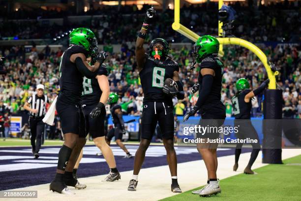Dontae Manning of the Oregon Ducks celebrates an interception against the Penn State Nittany Lions during the second quarter of the 2024 Big Ten...