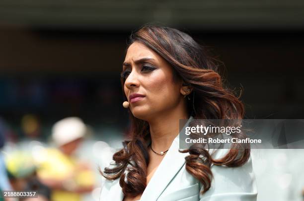 Commentator Isa Guha is seen during day three of the Men's Test Match series between Australia and India at Adelaide Oval on December 08, 2024 in...