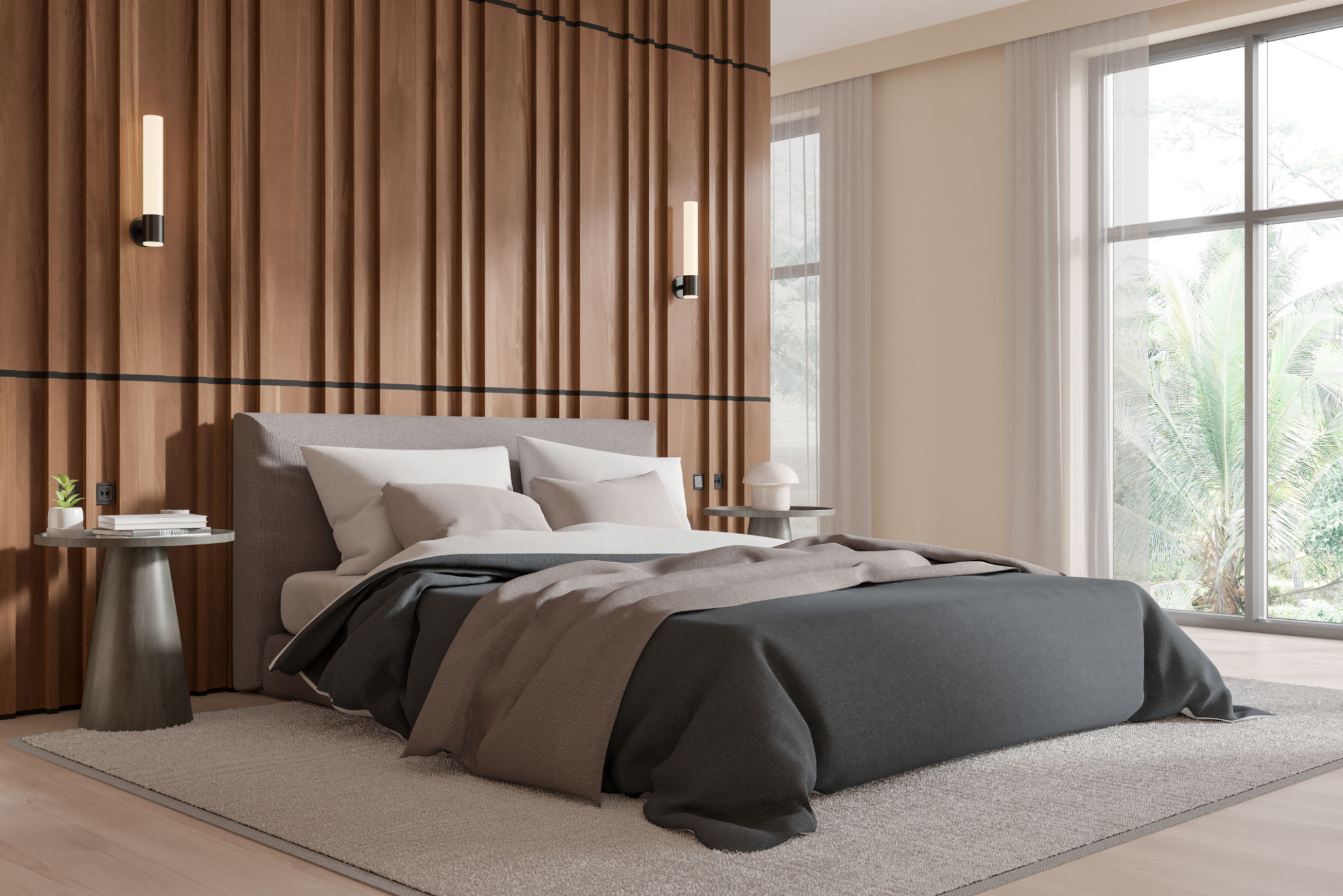 Hotel bedroom interior with bed and nightstand, panoramic window Hotel bedroom interior with bed and nightstand, panoramic window