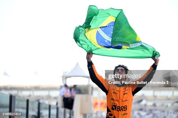 Drivers Champion Gabriel Bortoleto of Brazil and Invicta Racing celebrates in parc ferme during the Round 14 Yas Island Feature race of the Formula 2...