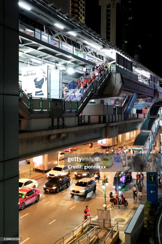 Traffic under Bts Skytrain at Asok station, Bangkok, Thailand