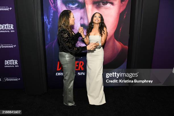 Luna Lauren Vélez, Christina Milian at "Dexter: Original Sin" Premiere - Arrivals at SVA Theatre on December 11, 2024 in New York, New York.