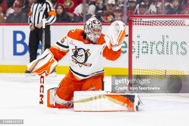 Anaheim Ducks Goalie John Gibson makes a save during first period National Hockey League action between the Anaheim Ducks and Ottawa Senators on...