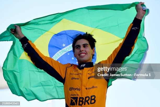 Drivers Champion Gabriel Bortoleto of Brazil and Invicta Racing celebrates in parc ferme during the Round 14 Yas Island Feature race of the Formula 2...