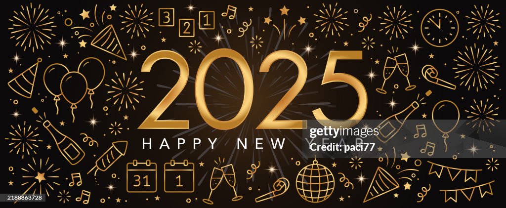 Happy new year 2025 with text and gold icons